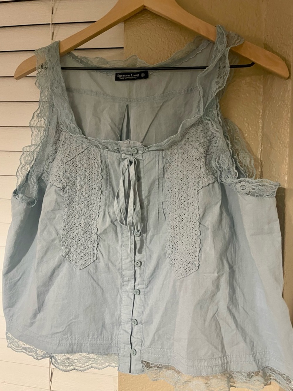 Emerson Lang Light Blue Lace Trim Button-Front Tank Lace Trim